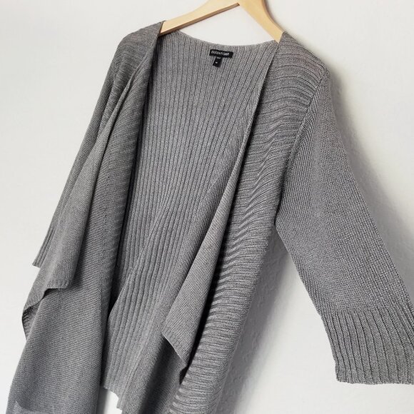 Eileen Fisher Linen Silk Blend Rib Knit Open Front Waterfall‎ Cardigan M Gray - Picture 9 of 16